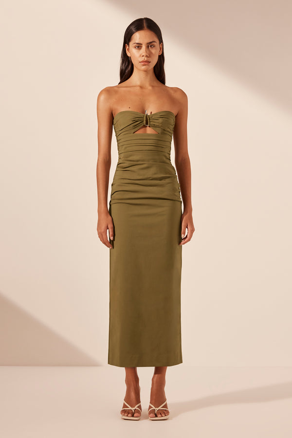 Lani Strapless Gathered Midi Dress