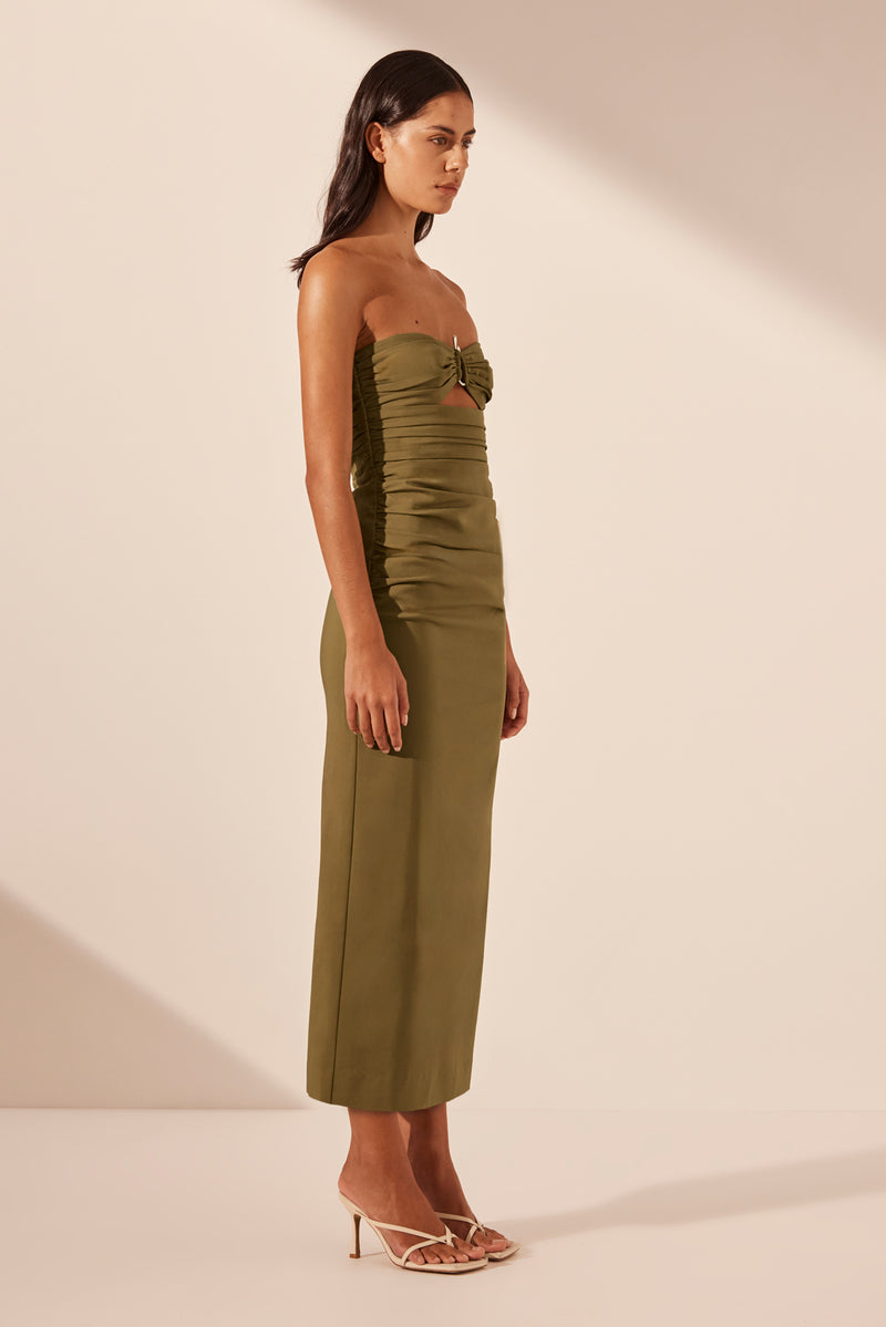 Lani Strapless Gathered Midi Dress