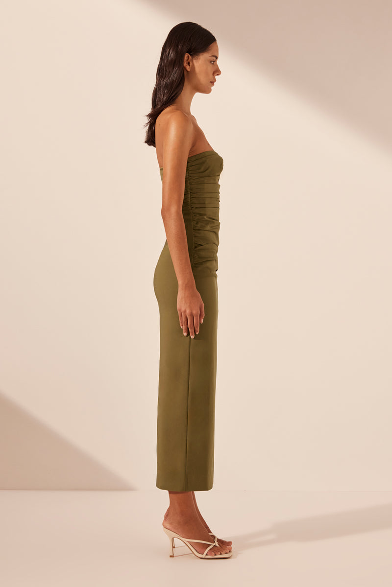 Lani Strapless Gathered Midi Dress