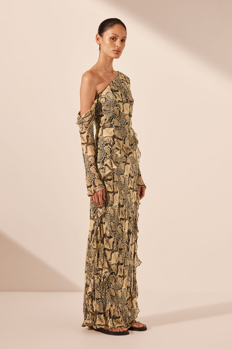 Hadiya Asymmetrical Long Sleeve Ruffle Maxi Dress