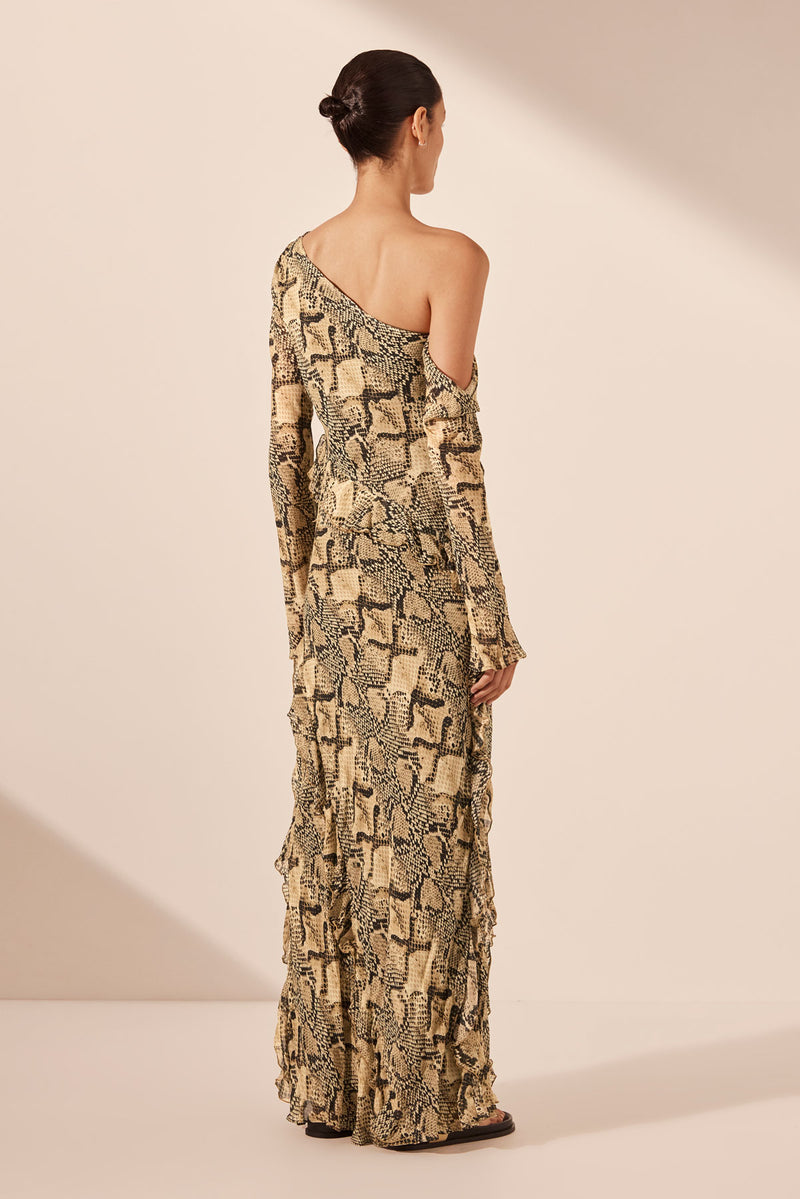 Hadiya Asymmetrical Long Sleeve Ruffle Maxi Dress