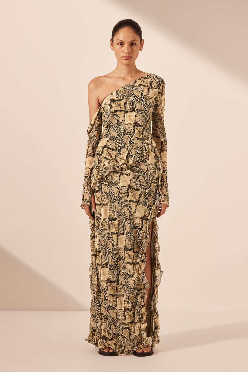 Hadiya Asymmetrical Long Sleeve Ruffle Maxi Dress