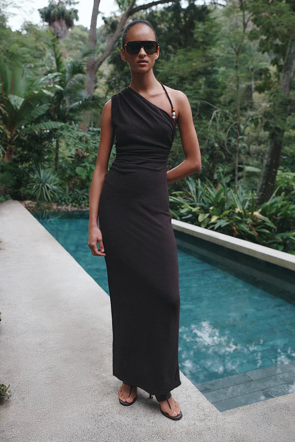 BEAU GATHERED ASYMMETRICAL MIDI DRESS