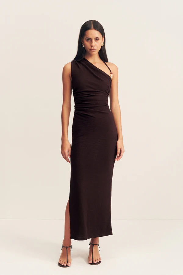 BEAU GATHERED ASYMMETRICAL MIDI DRESS