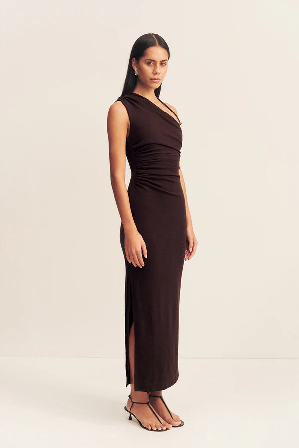 BEAU GATHERED ASYMMETRICAL MIDI DRESS