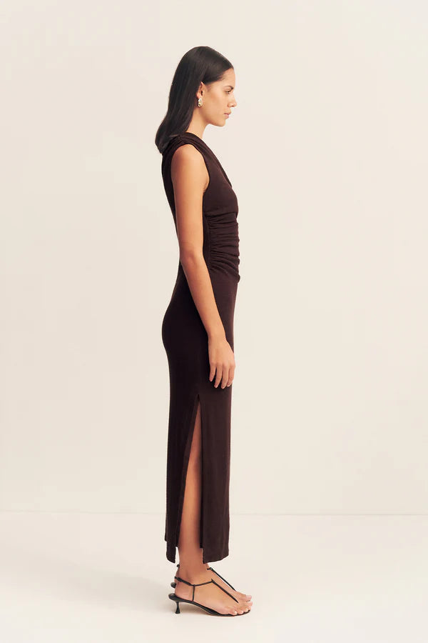 BEAU GATHERED ASYMMETRICAL MIDI DRESS