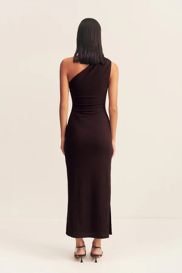 BEAU GATHERED ASYMMETRICAL MIDI DRESS