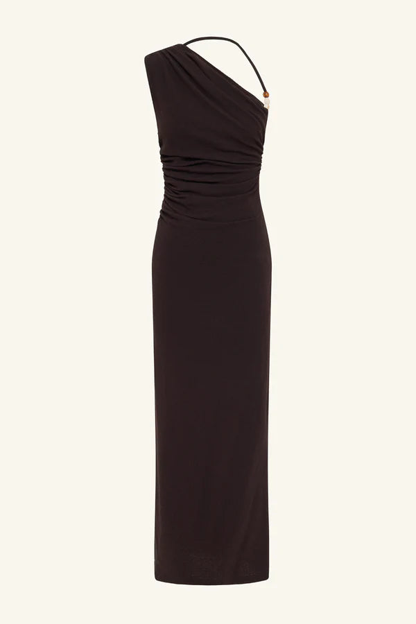 BEAU GATHERED ASYMMETRICAL MIDI DRESS