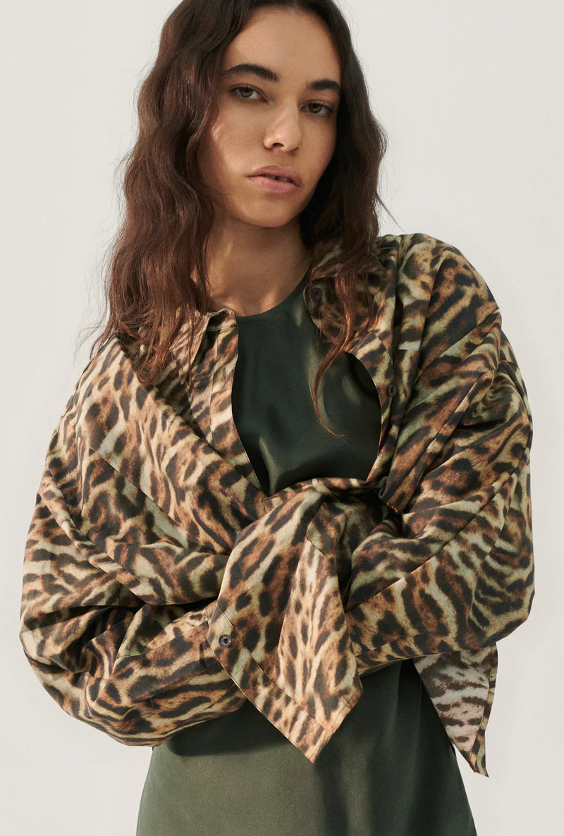 Cotton Silk Round Shirt Leopard